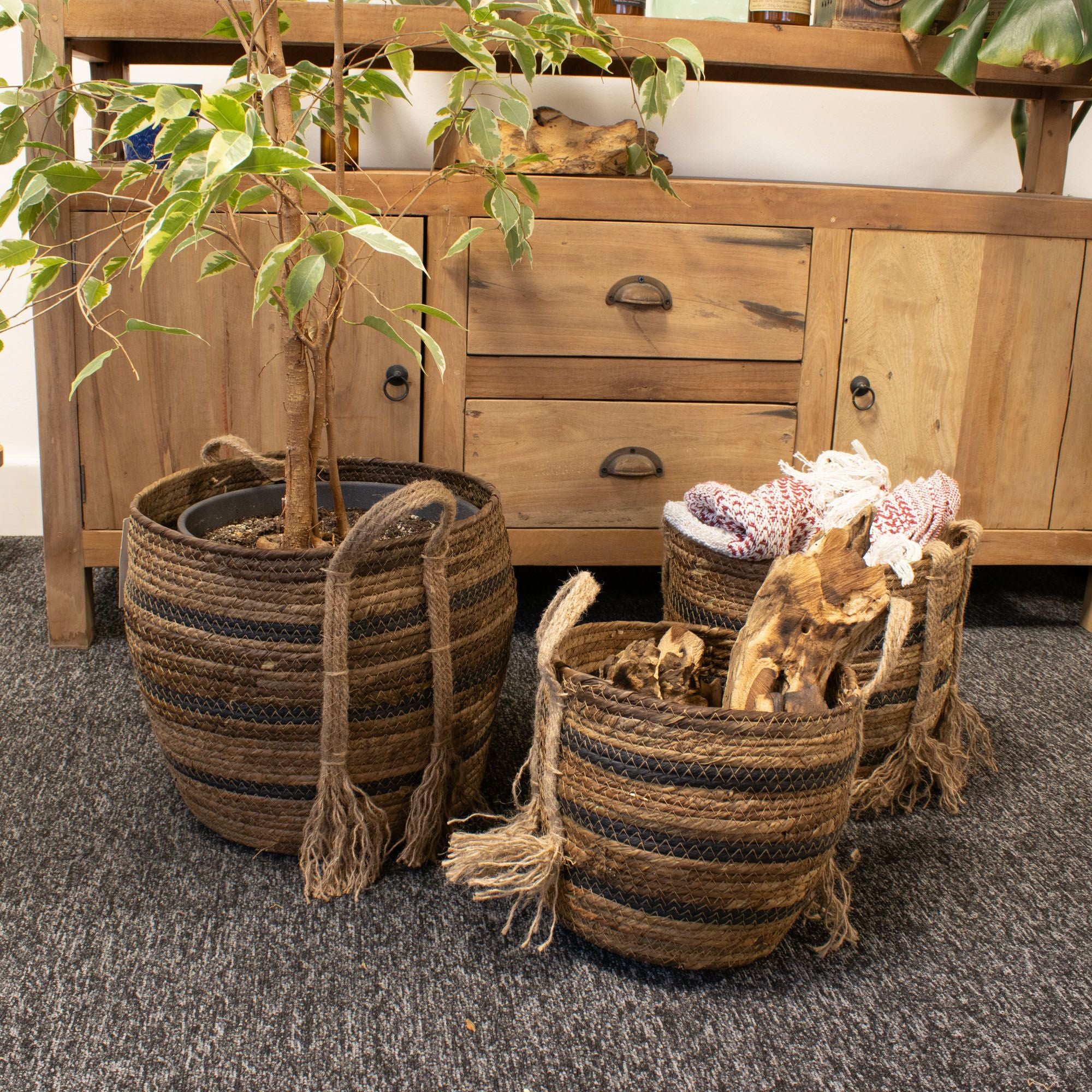 Set of 3 Bananna Leaf & Seagrass Large Baskets Natural Browns