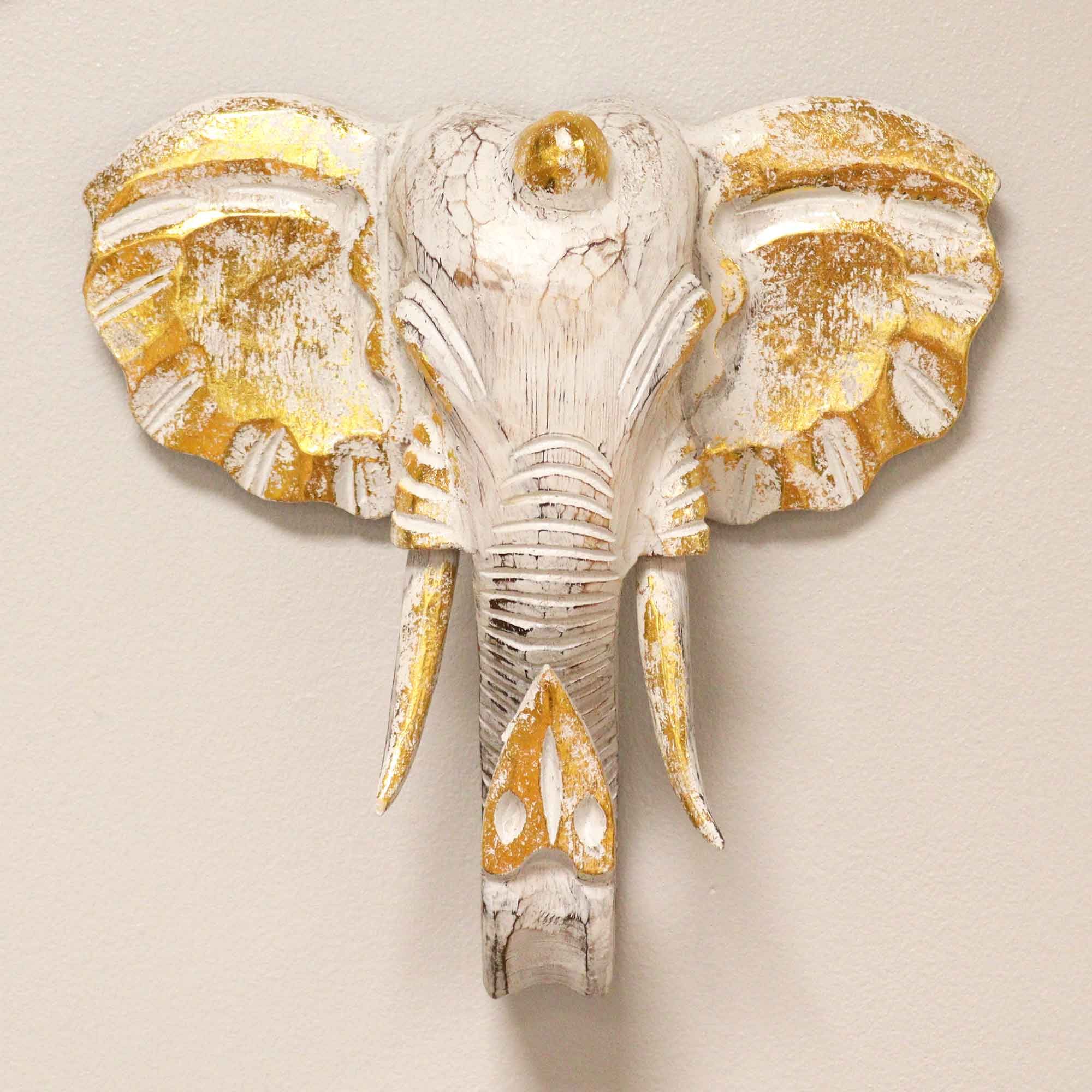 Large Majestic Elephant Head Gold & Whitewash