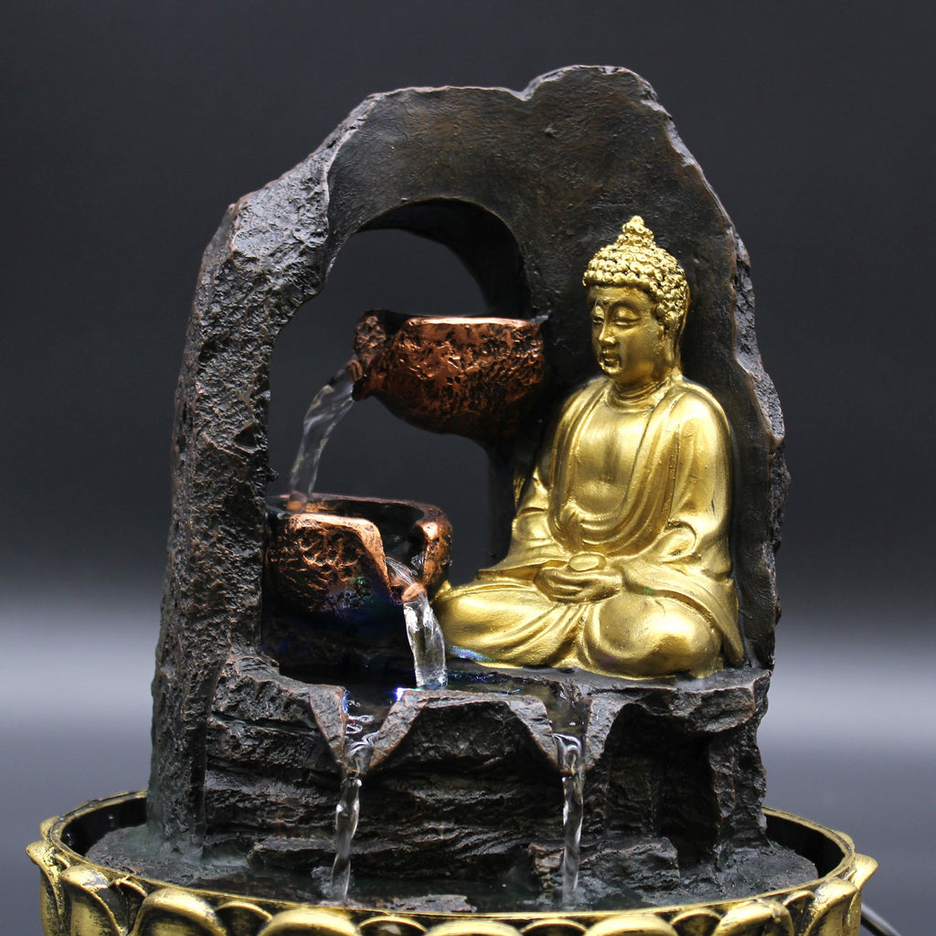 Tabletop Water Feature Golden Meditating Buddha