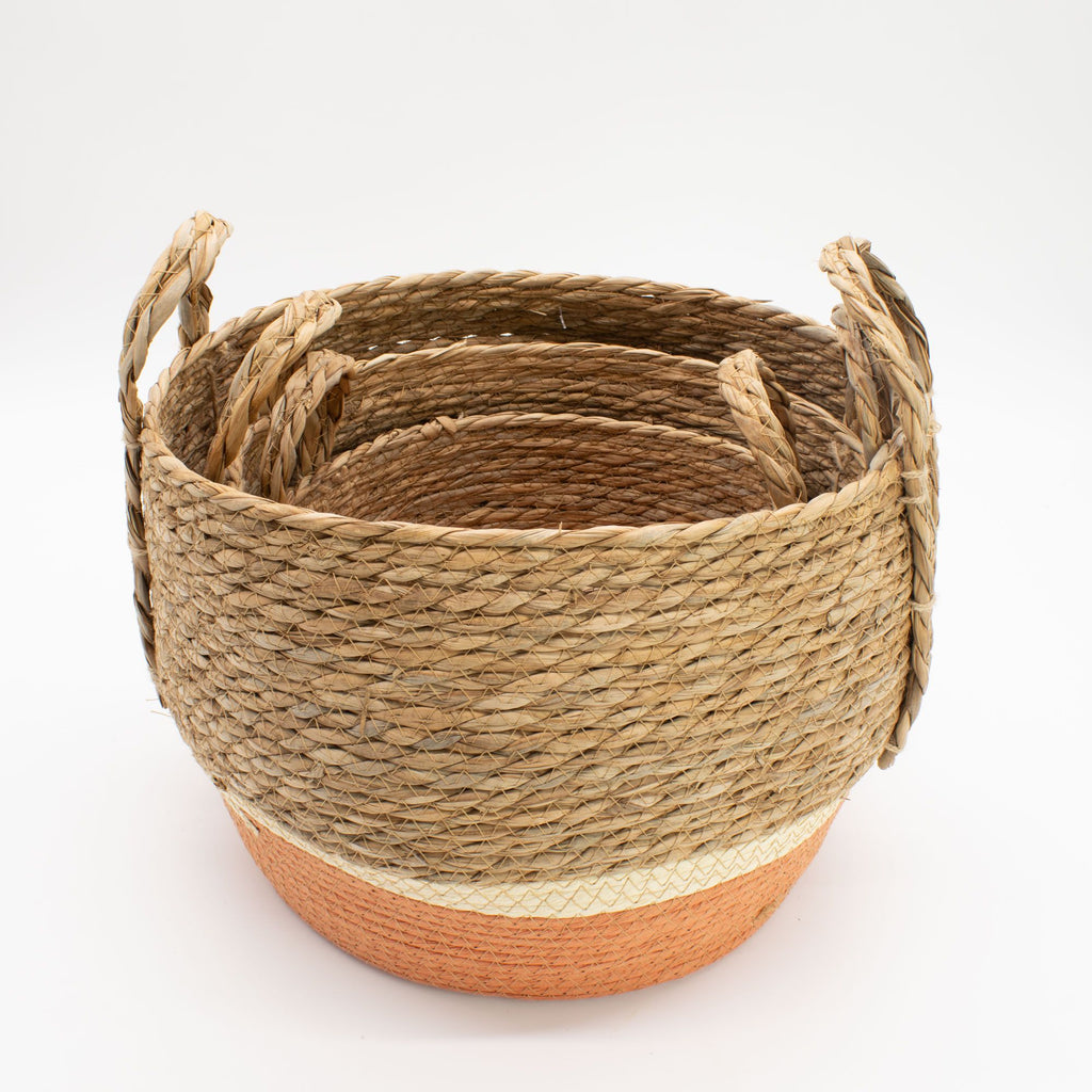 Set of 3 Straw & Seagrass Large Baskets Natural & Orange