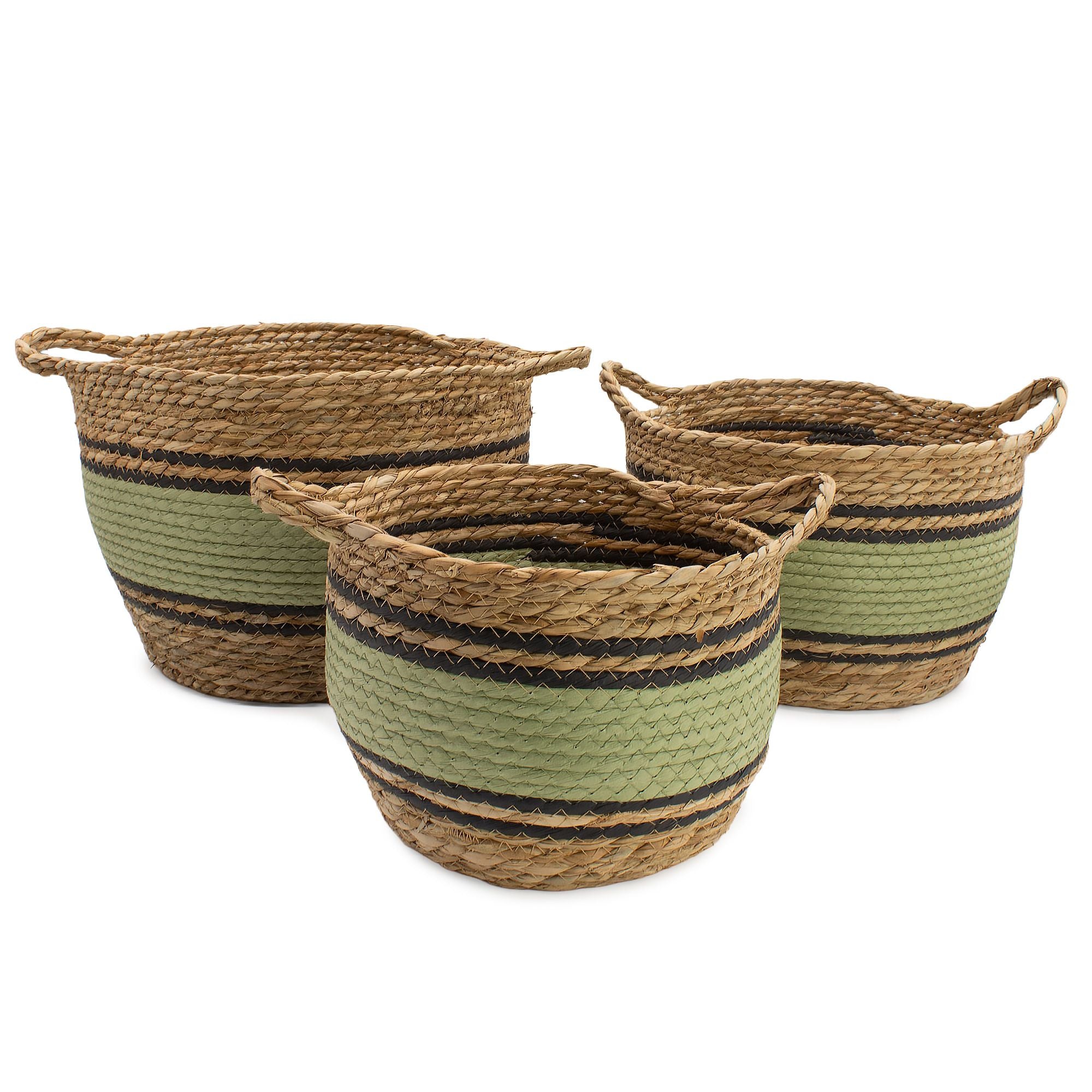 Set of 3 Cotton & Seagrass Large Baskets Natural Black & Green
