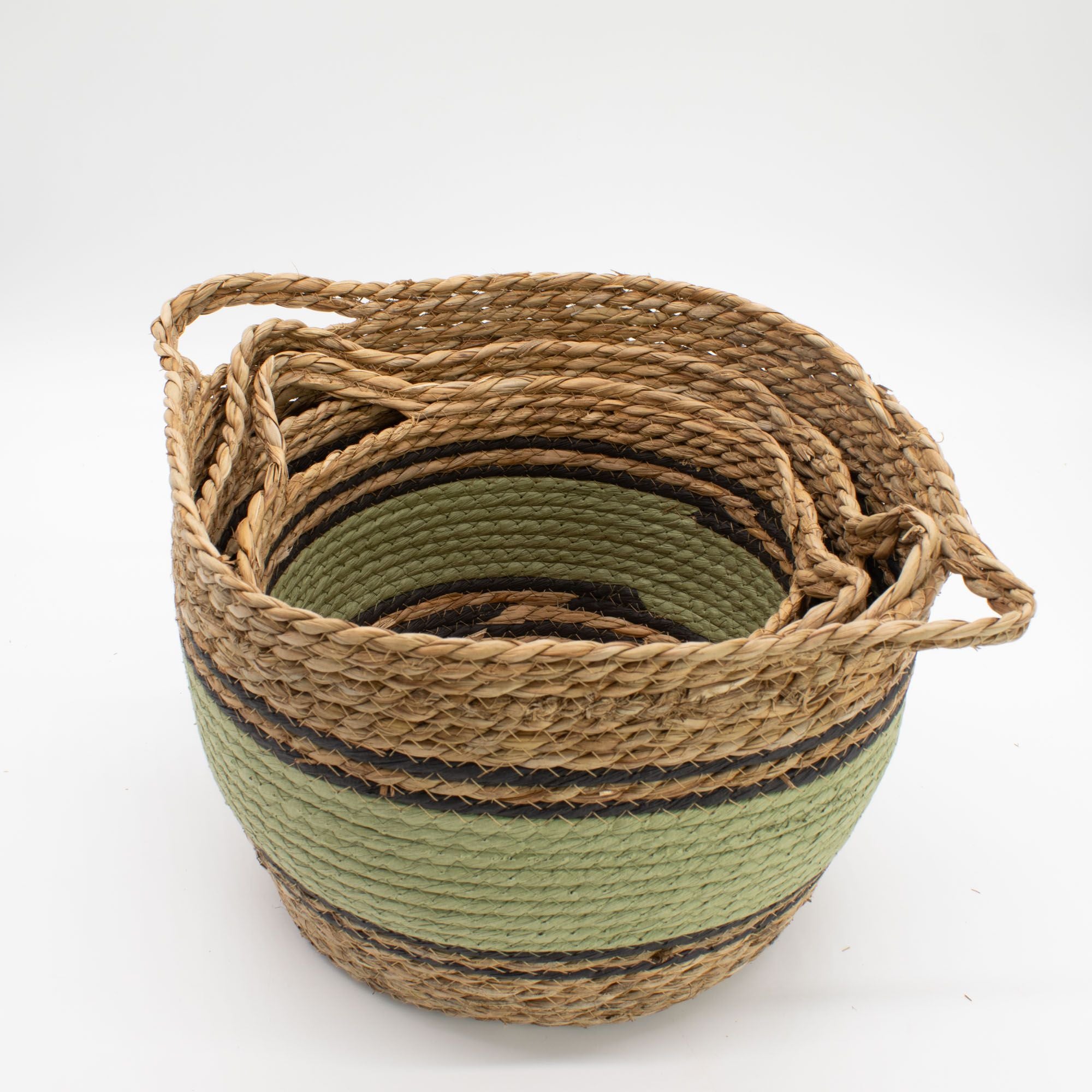 Set of 3 Cotton & Seagrass Large Baskets Natural Black & Green