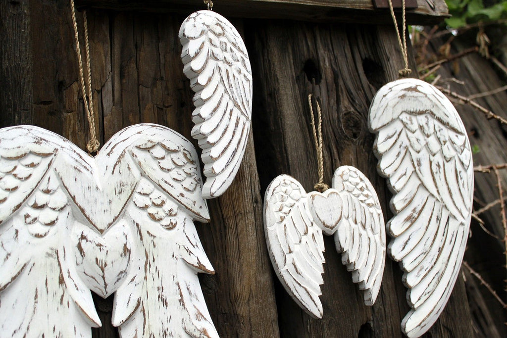 Vintage distressed white-washed angel wings hand-carved from sustainable wood for wall or shelf decor, personalized chalkboard back