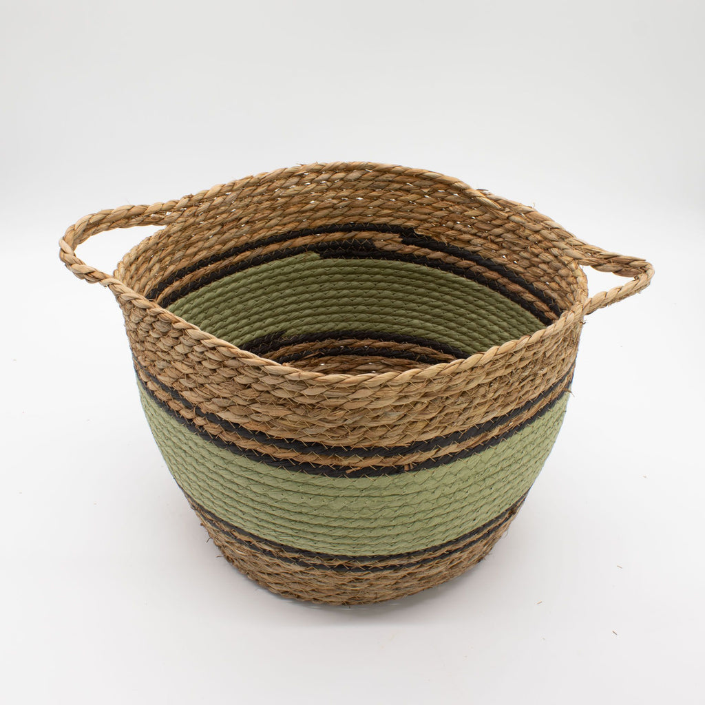 Set of 3 Cotton & Seagrass Large Baskets Natural Black & Green