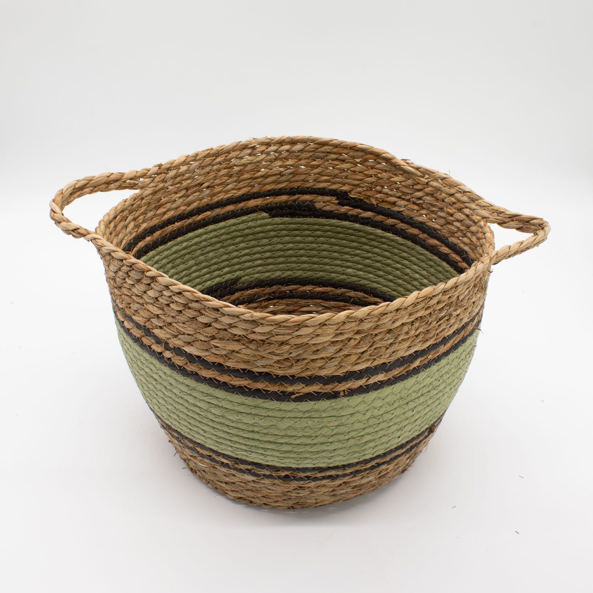 Set of 3 Cotton & Seagrass Large Baskets Natural Black & Green