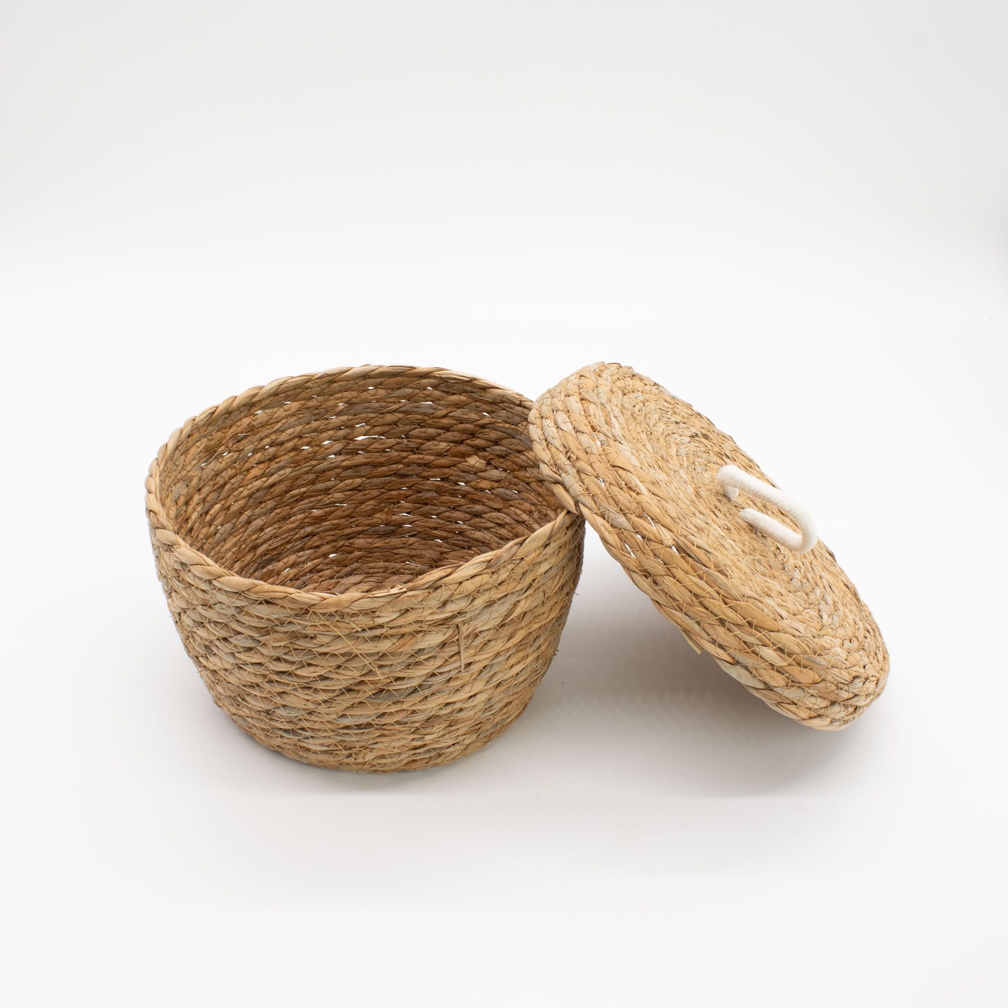 Set of 3 Natural Seagrass & Cotton Round Baskets with Lids