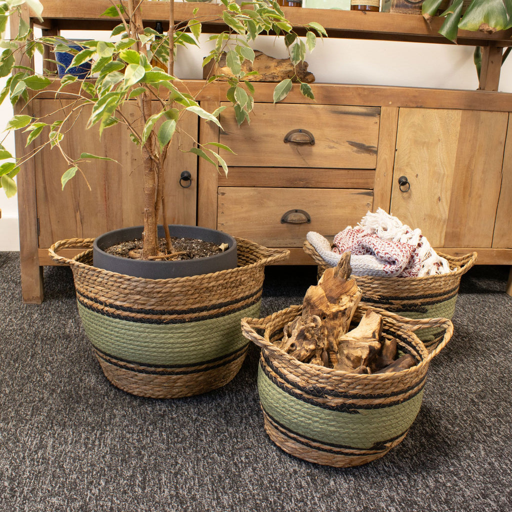 Set of 3 Cotton & Seagrass Large Baskets Natural Black & Green