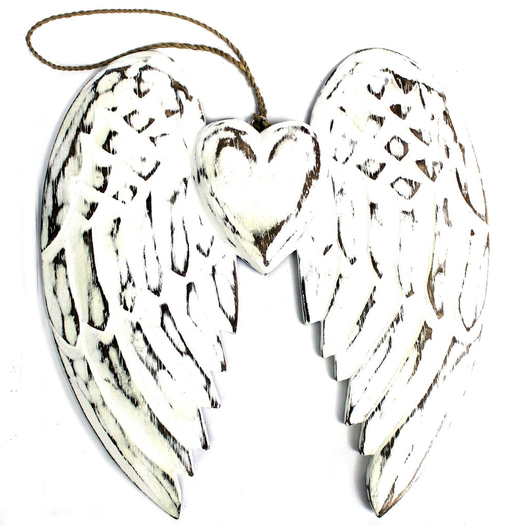 Hand-Carved Vintage Distressed Angel Wings and Heart Decoration, White-Washed Rustic Wall or Shelf Art
