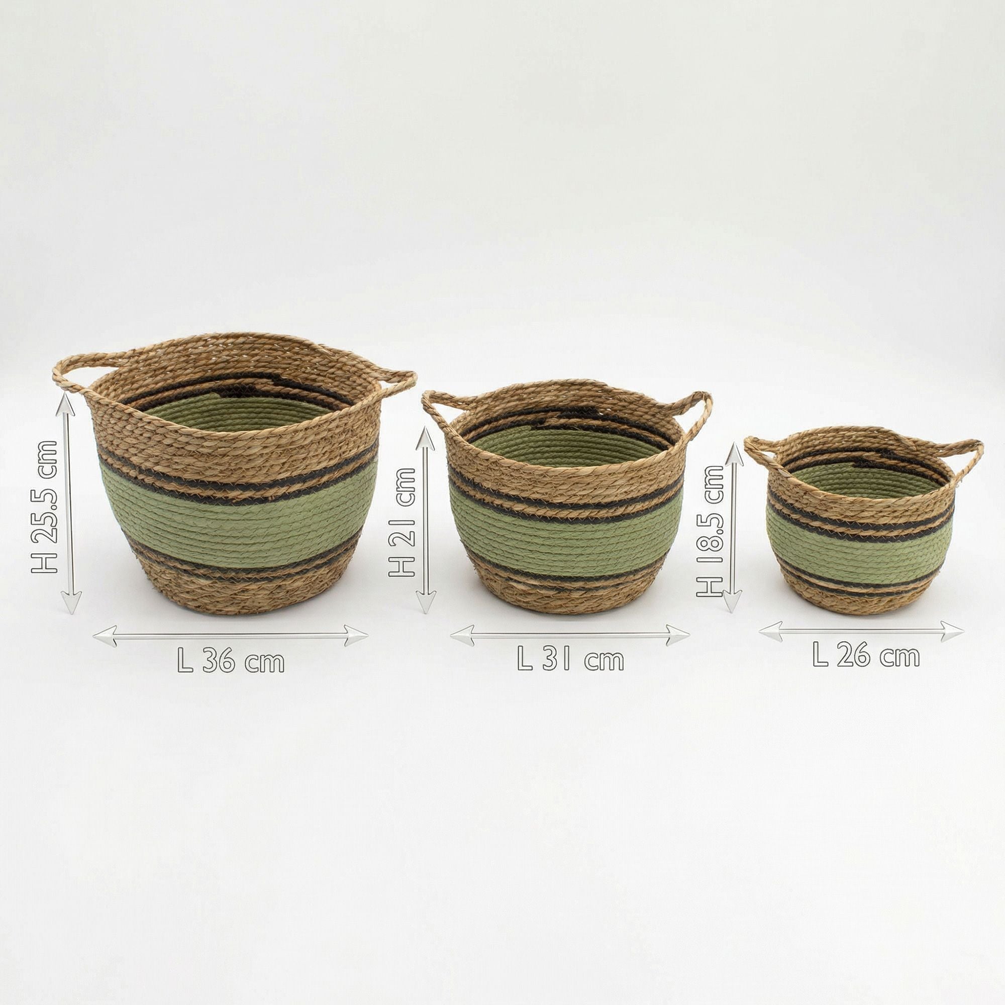 Set of 3 Cotton & Seagrass Large Baskets Natural Black & Green