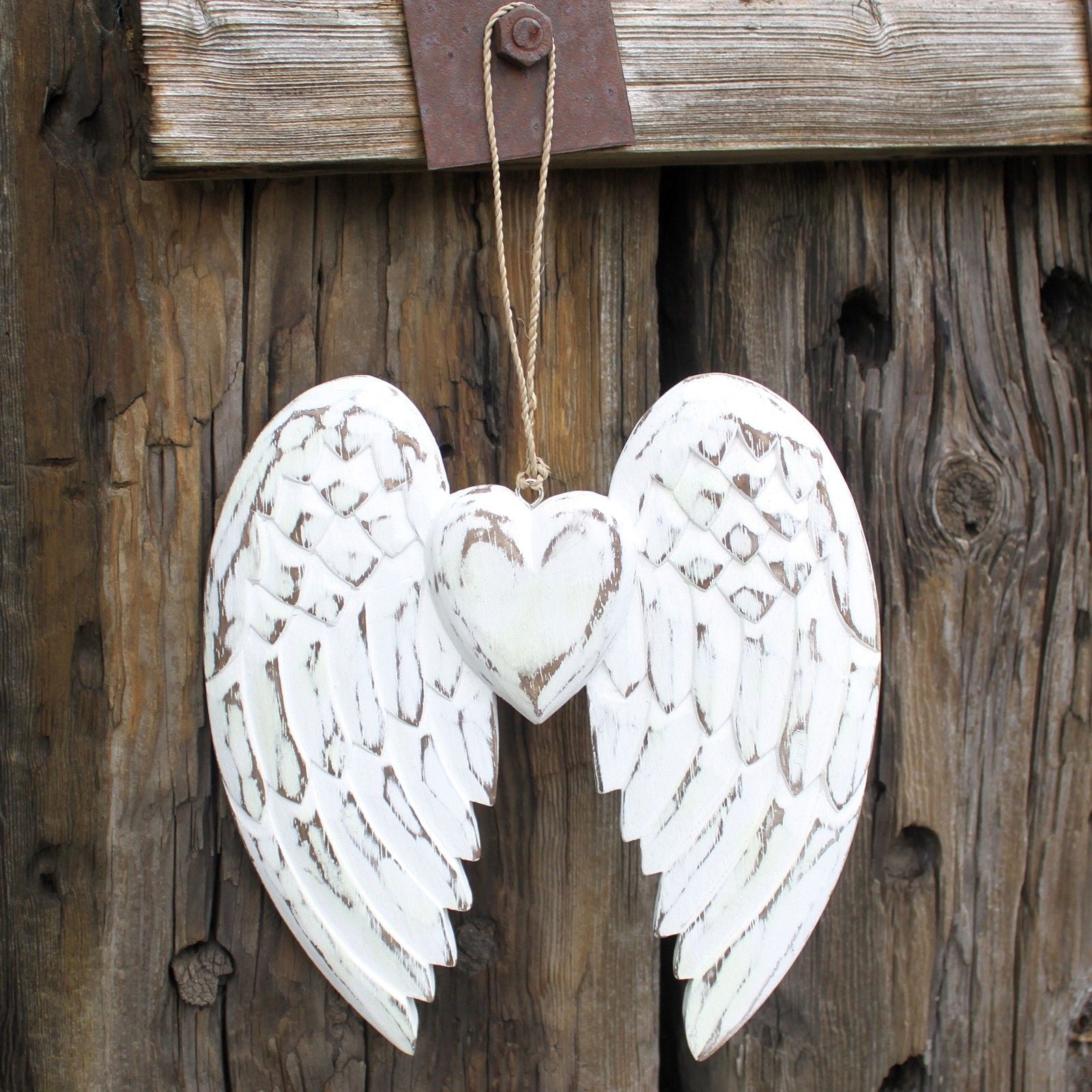 Hand-Carved Vintage Distressed Angel Wings and Heart Decoration, White-Washed Rustic Wall or Shelf Art