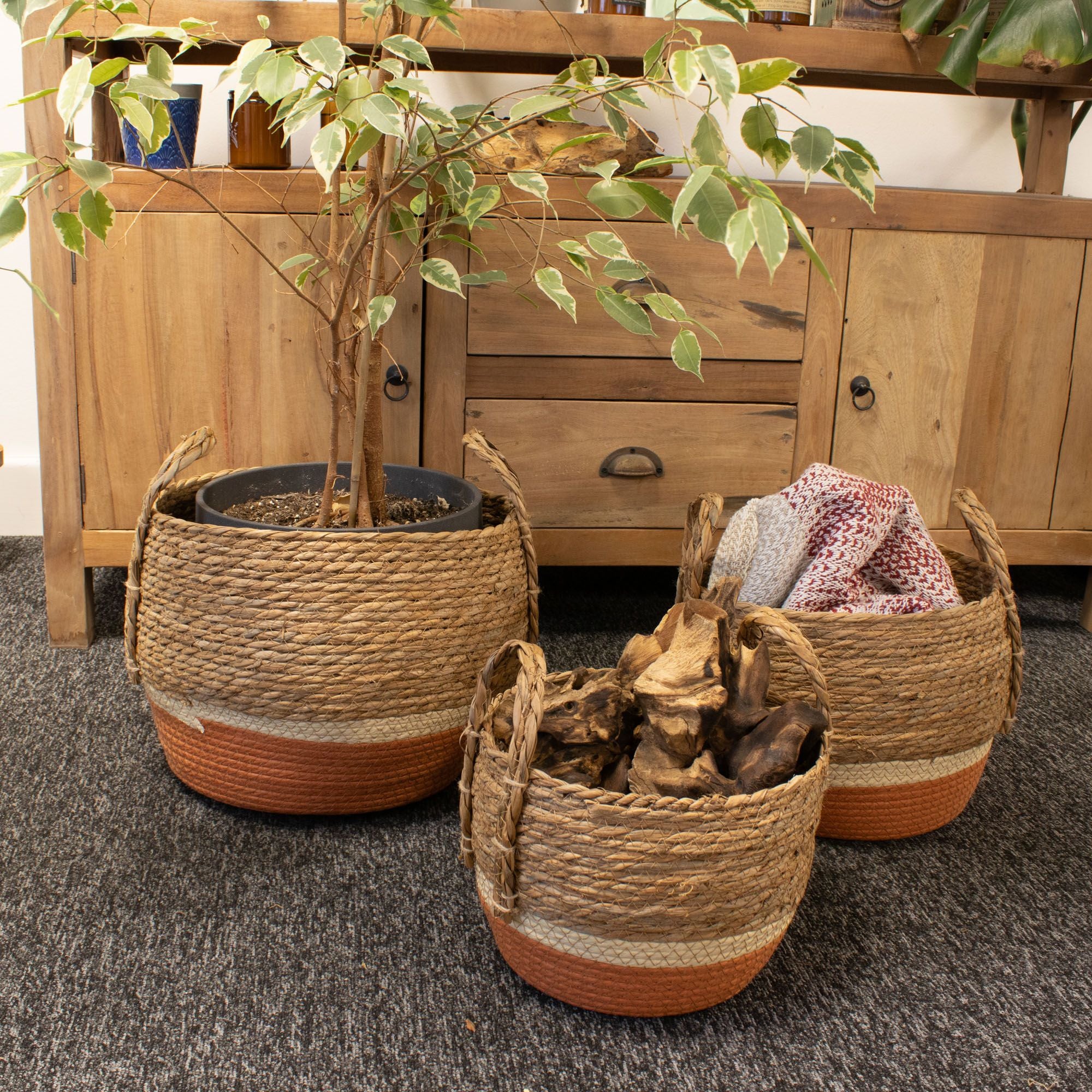Set of 3 Straw & Seagrass Large Baskets Natural & Orange