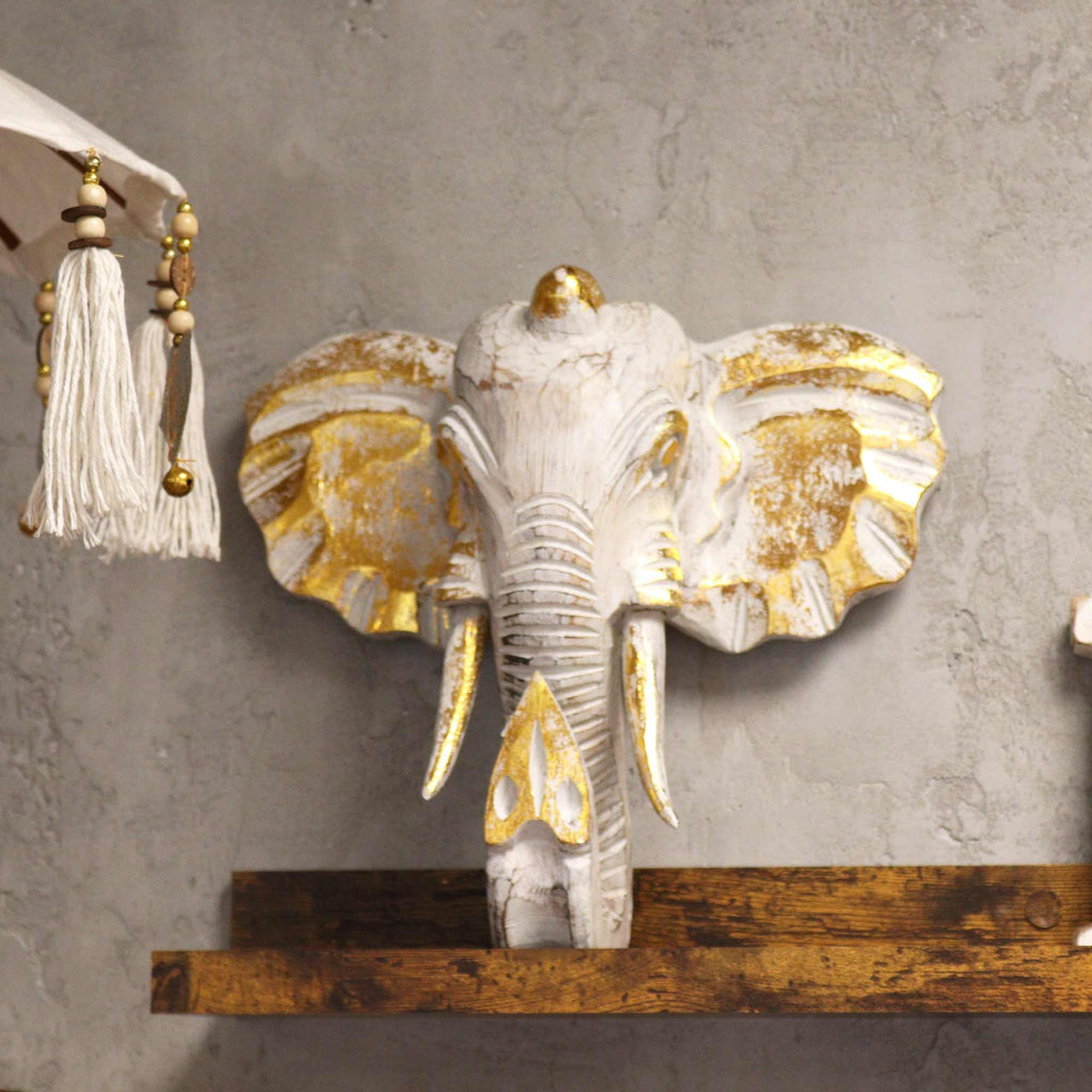 Large Majestic Elephant Head Gold & Whitewash