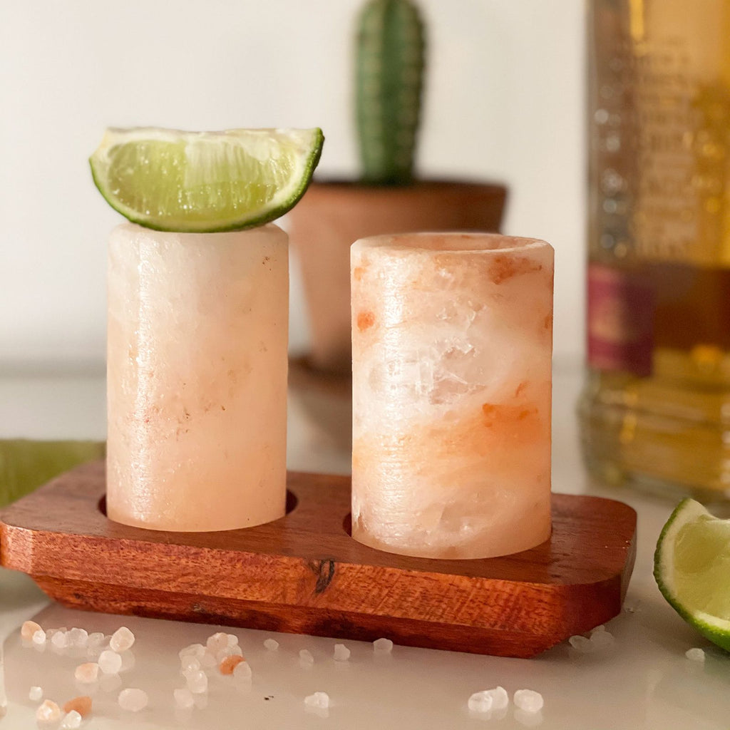 Himalayan Salt Shot Glasses & Wood Serving Stand Set of 2