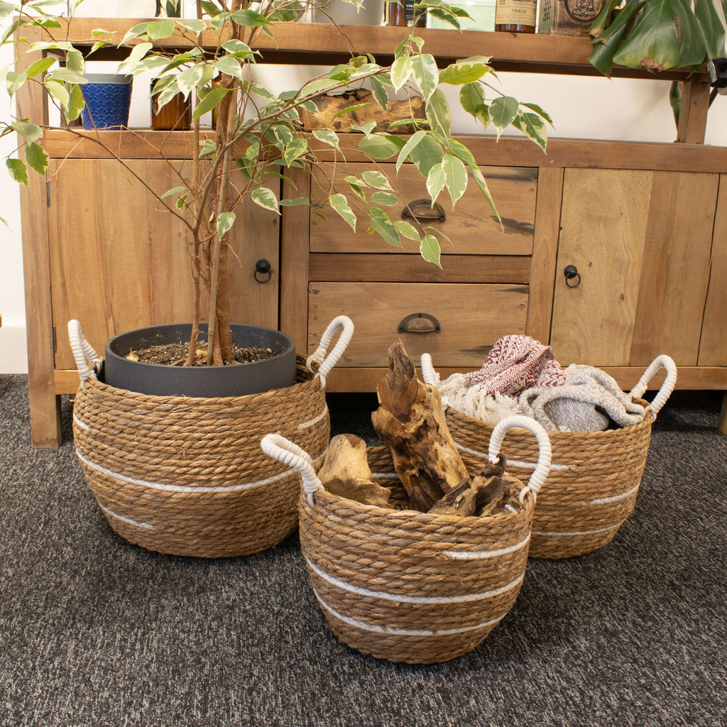 Set of 3 Cotton & Seagrass Large Baskets Natural Stripes