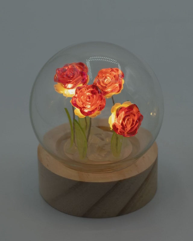 Warm LED Illuminated Red Roses Under Glass Dome with Natural Wooden Base, Battery Operated Decorative Accent