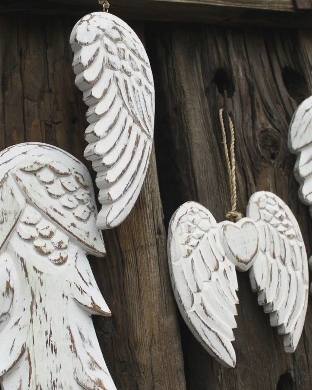 Hand-Carved Vintage Distressed Angel Wings and Heart Decoration, White-Washed Rustic Wall or Shelf Art