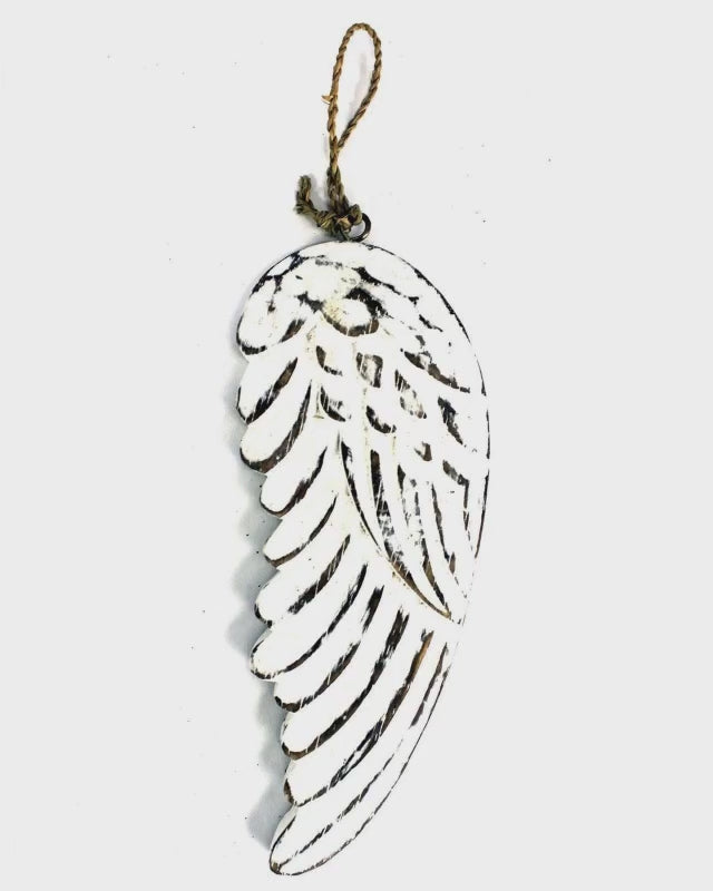 Vintage distressed white-washed angel wings hand-carved from sustainable wood for wall or shelf decor, personalized chalkboard back